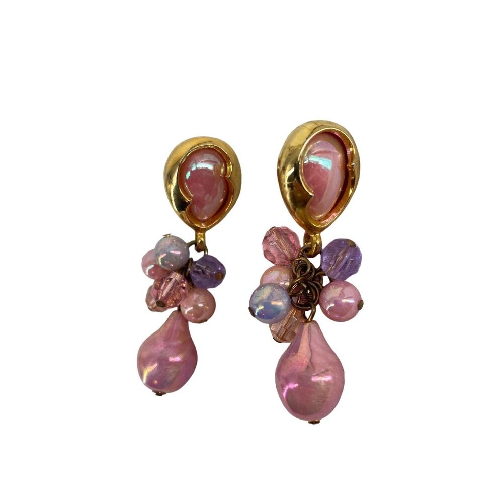 Vintage Gold-Tone & AB Pink Dangle Earrings With Beaded Clusters‎